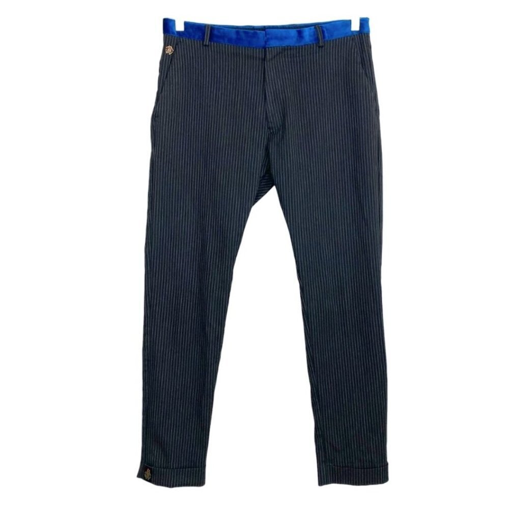 Roberto Cavalli Navy Pinstripe Trousers with Royal Blue Waist Trim